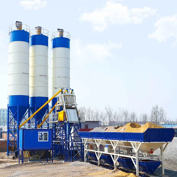 Fully automatic concrete batching plant with aggregate bins and cement silos Fully automatic concrete batching plant with aggregate bins and cement silos